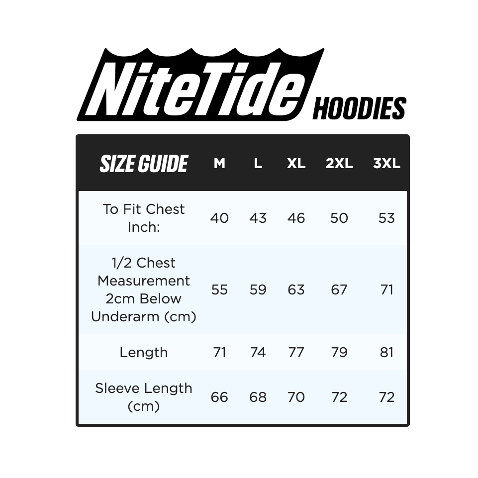 NiteTide hoodies size guide on a white background