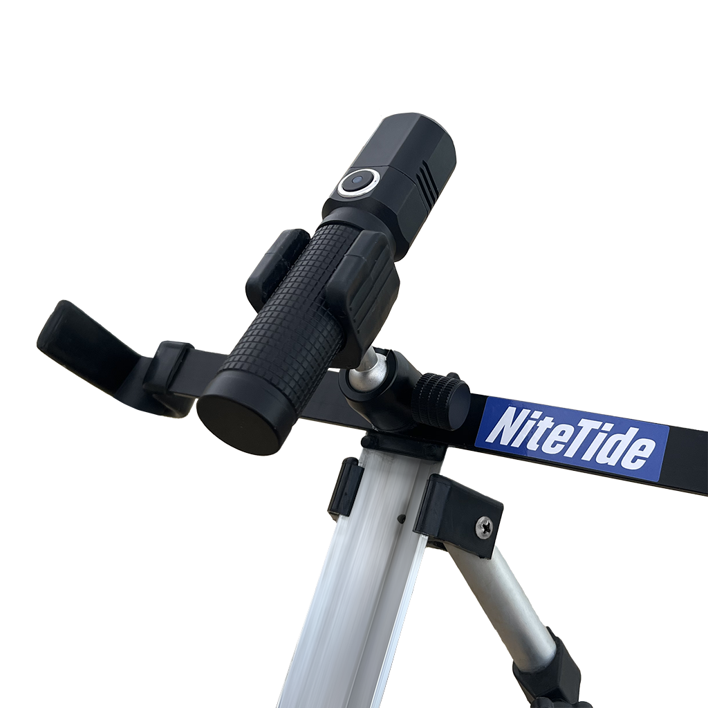 Sea fishing rod tip lights, tripod torch, back view