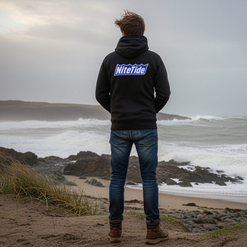 Man standing on a beach with waves crashing in the background, wearing a warm black NiteTide hoodie.