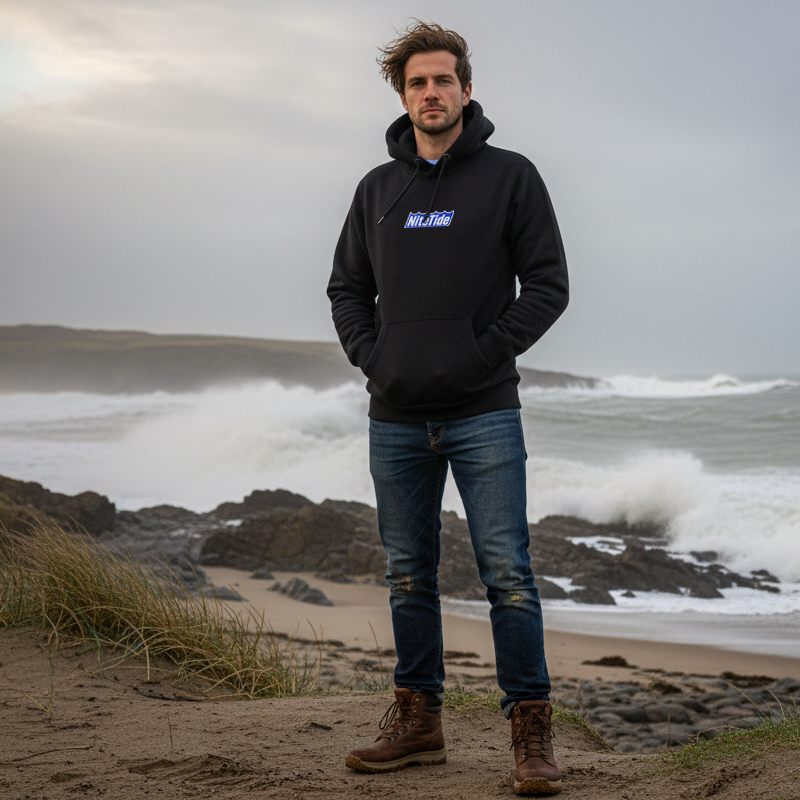 Man standing on a beach with waves crashing in the background, wearing a warm black NiteTide hoodie.