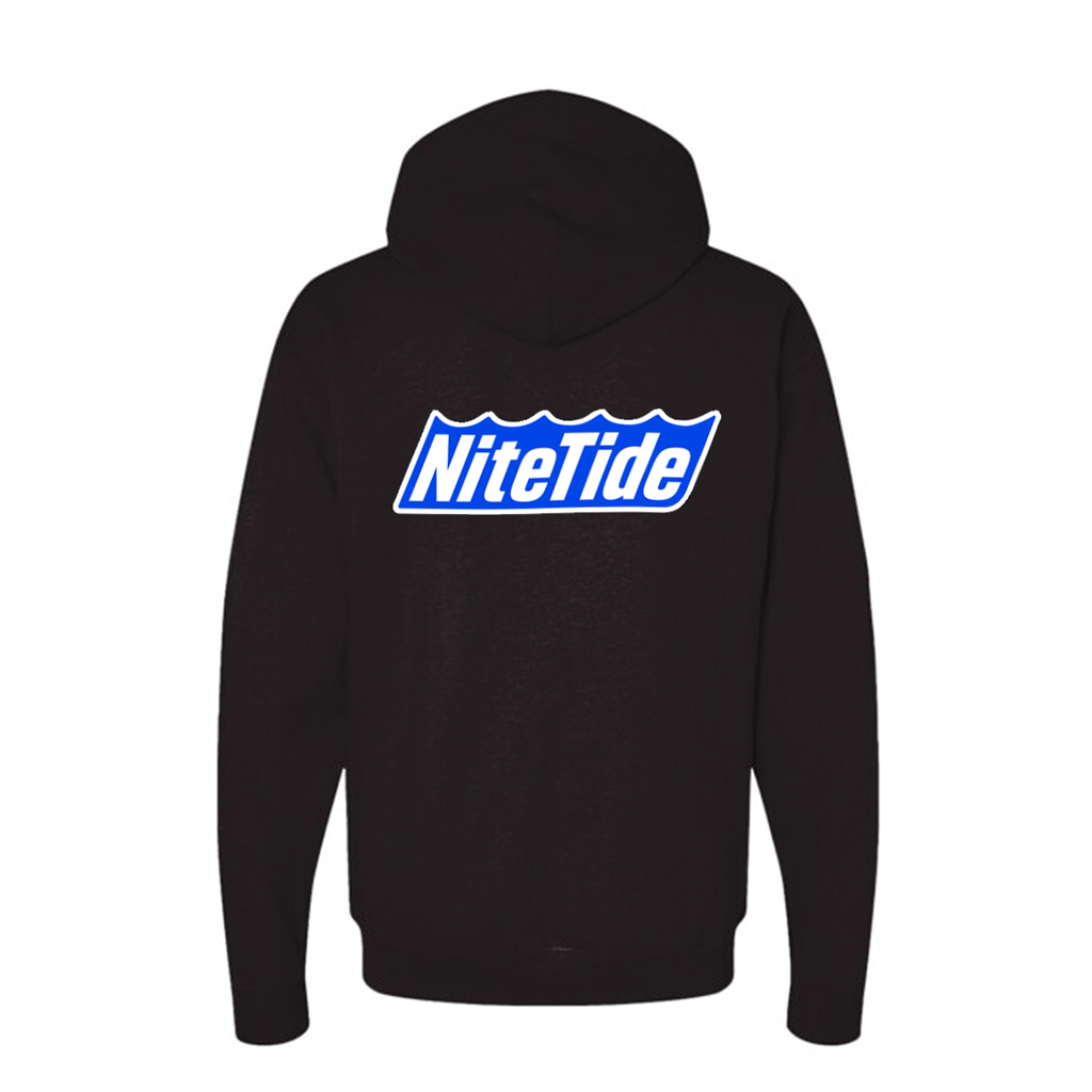 Black hoodie with 'NiteTide' logo on the back against a white background