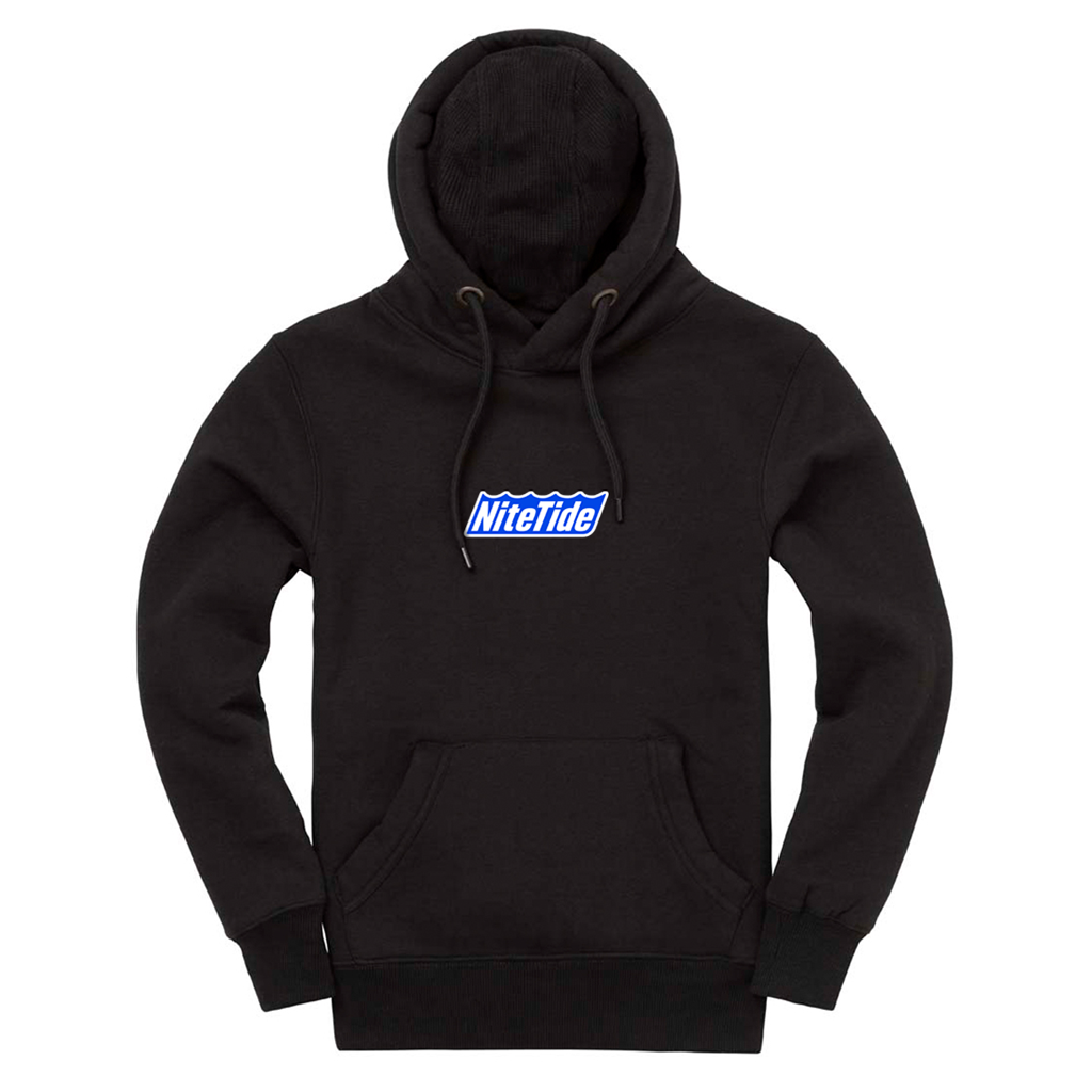 Black hoodie with a logo on a white background
