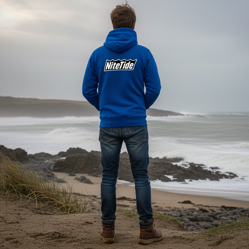 Man standing on a beach with waves crashing in the background, wearing a warm blue NiteTide hoodie.