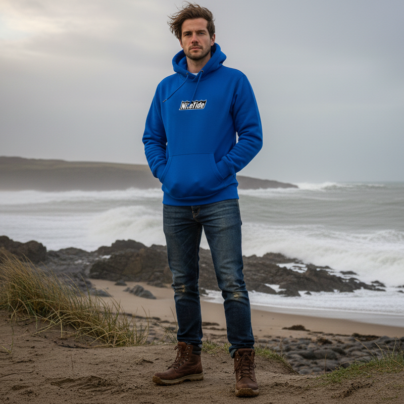 Man standing on a beach with waves crashing in the background, wearing a warm blue NiteTide hoodie.
