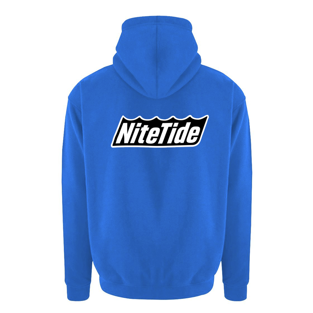 Blue hoodie with 'NiteTide' logo on the back against a white background